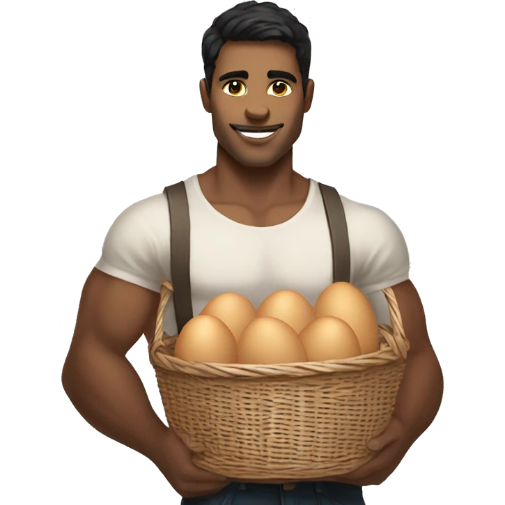 Buff white young man with dark hair holding one basket with a ton of eggs emoji