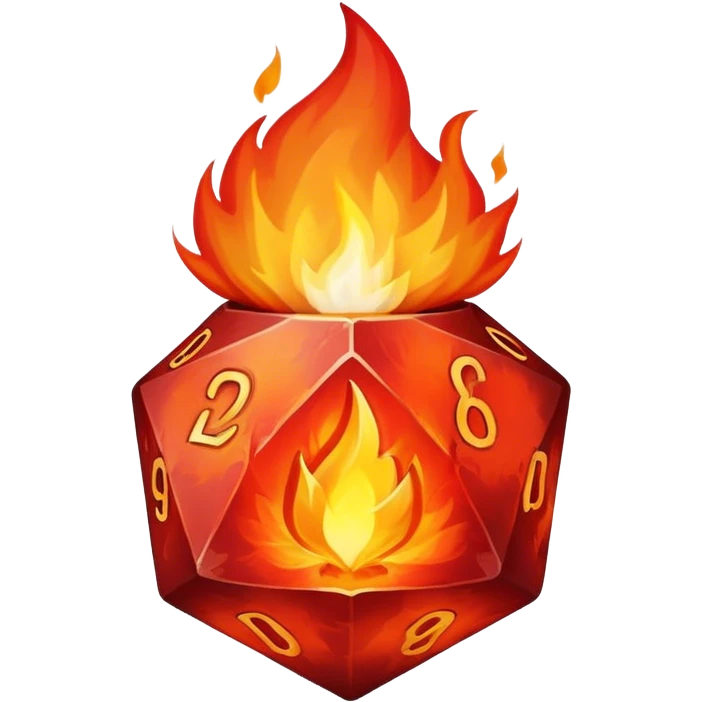 A rising flame with a small d20 inside emoji