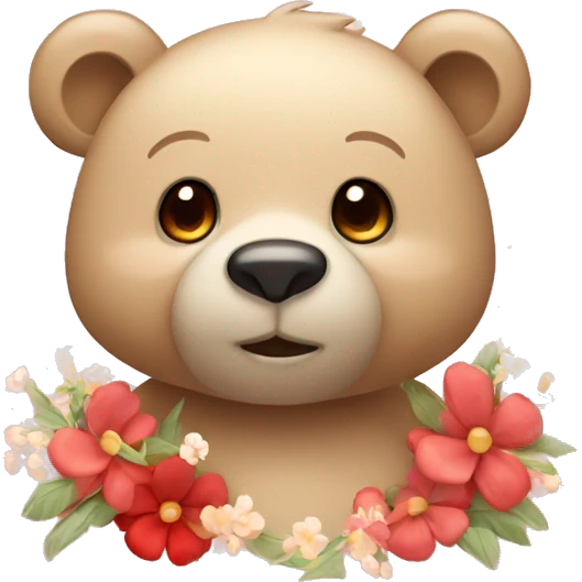 Cute beige bear with red cheeks and flowers and sparkles emoji