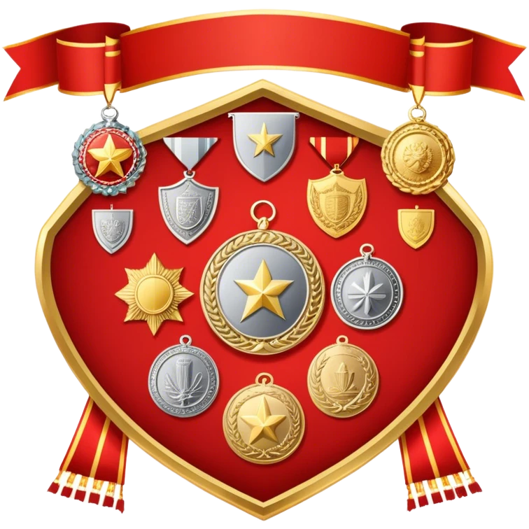 Icon for Collecting Orders, Medals & Badges: a variety of medals, orders and badges displayed on a large red pennant with fringed edges. The icon should convey the prestige and historical value of these collectibles. Transparent background. emoji