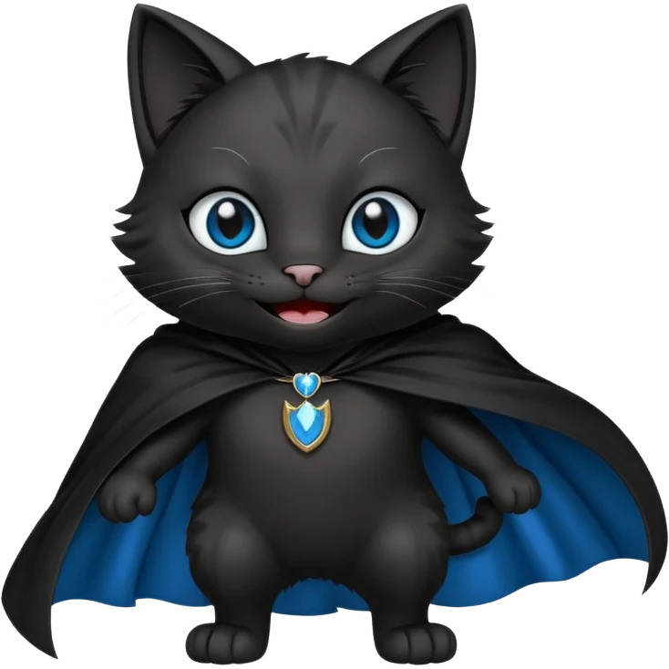 an all black anthropomorphic cat with blue eyes wears an all black cape and is smiling a mischievous sharp tooth grin emoji