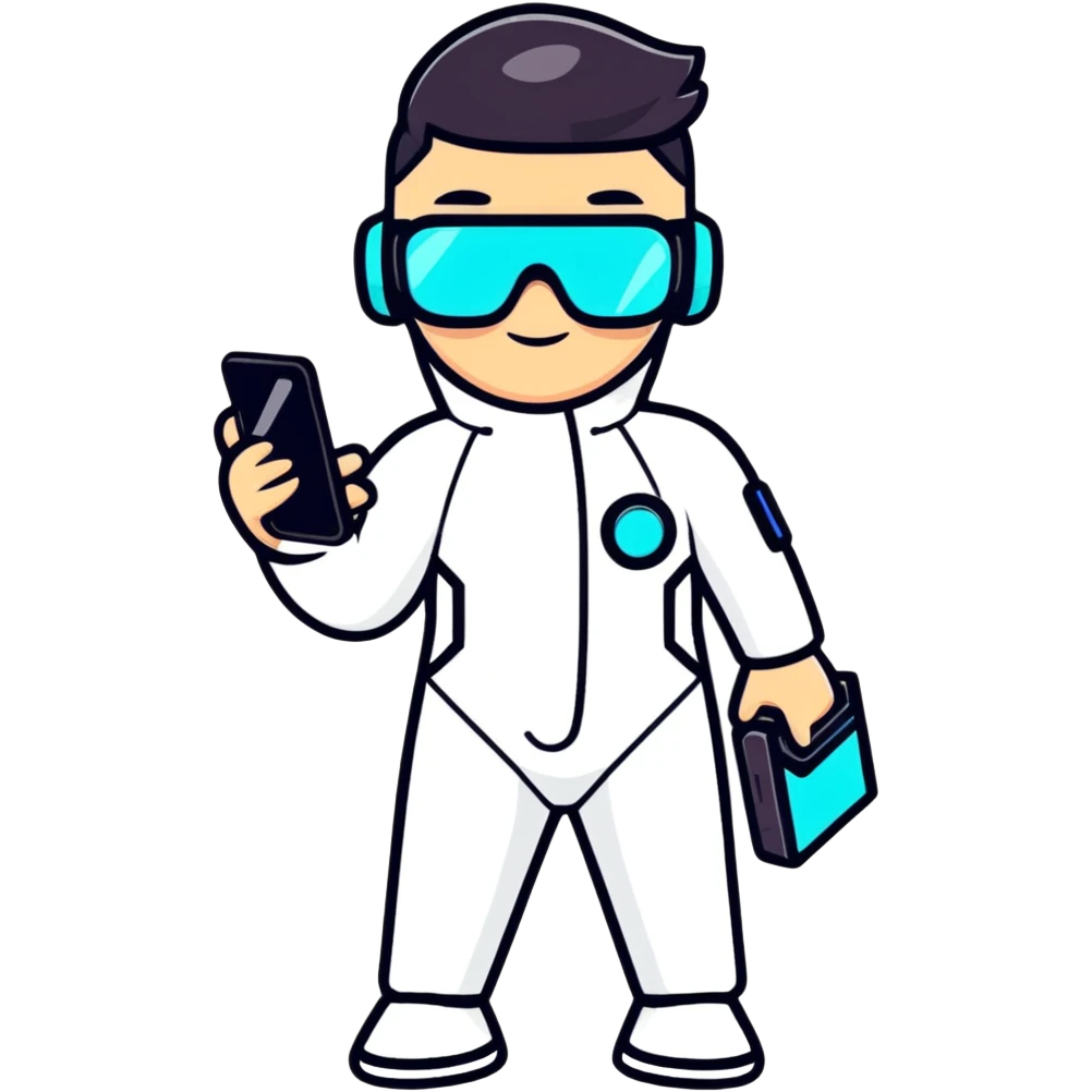 Futuristic human wearing sleek jumpsuit with tech gadgets, augmented reality glasses, and glowing accents emoji