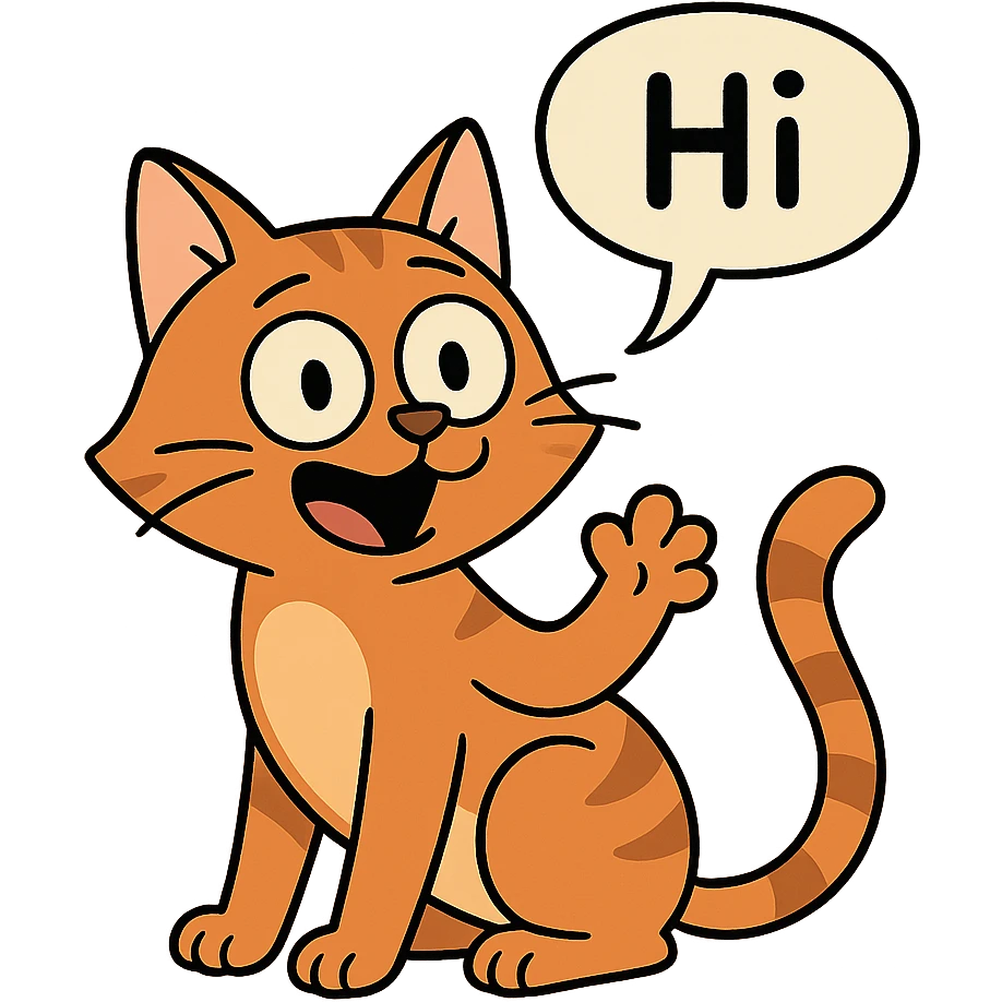 a cat with a speech bubble saying hi, playful, cartoon style emoji