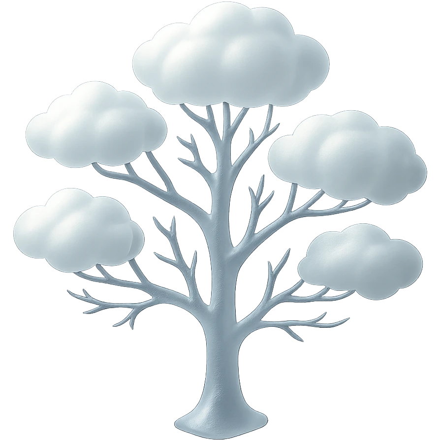one tree with many branches and a white trunk, crown made of small very bright white fluffy convex clouds, matte glass style emoji