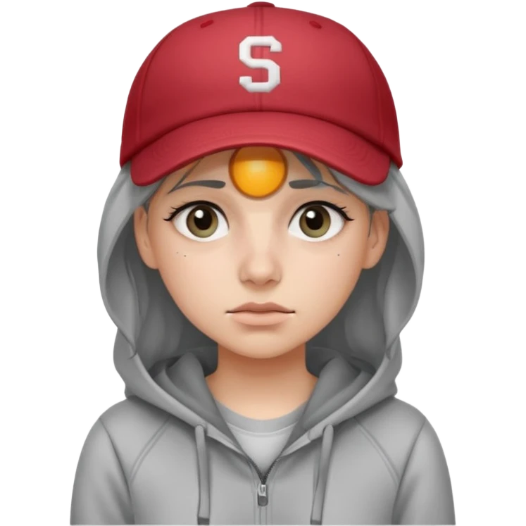 Female tech developer going back to work after christmas holidays, looking tired and wearing a hoodie and a baseballcap that says "SVT" emoji