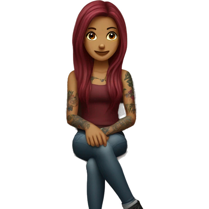 Beautiful tattooed burgundy long haired woman sitting on a bench emoji
