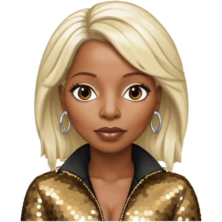 Mary J Blige with platinum blonde hair, dark brown sequin outfit emoji