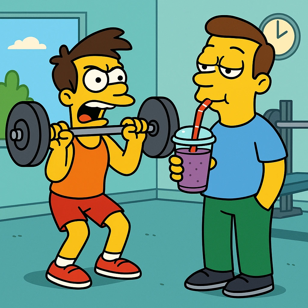 Jake is all about pushing limits (he always tries to do more), while (in contrast) Tom… well, he’s more into sipping smoothies (he likes slowly drinking smoothies). 2 guys at gym emoji