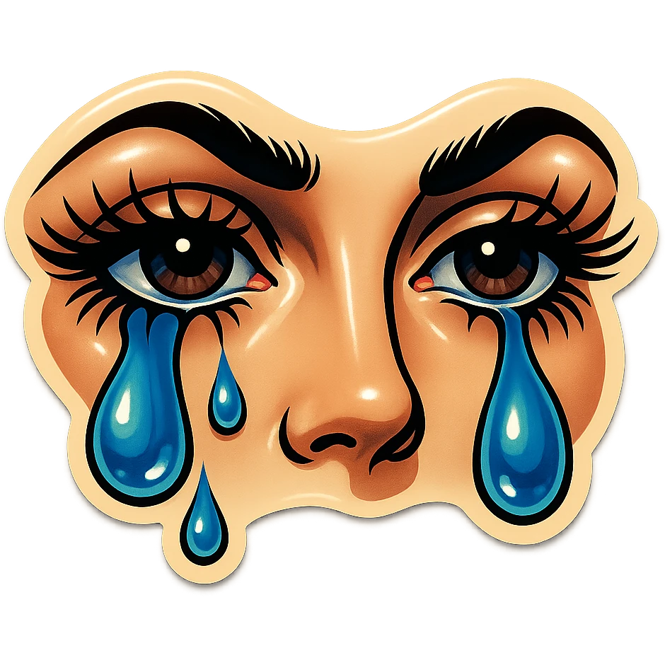 crying gloomy but beautiful female eyes with long eyelashes, sharp black contours, expressive shadows and highlights, retro stickers style, no gradients, only sharp color transitions emoji