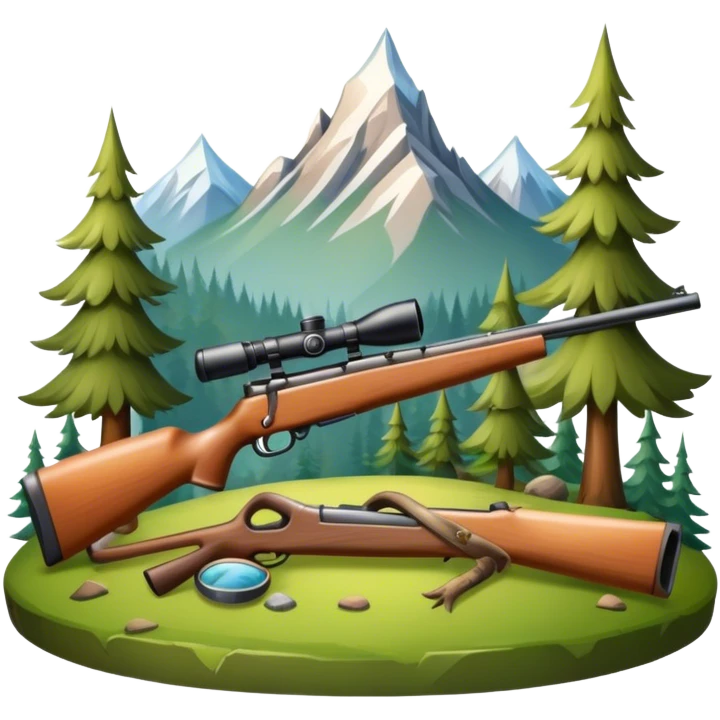 Icon for Hunting Tourism: hunting rifle, surrounded by nature elements like trees, mountains, and wildlife tracks. The icon should represent the adventure and exploration of hunting tourism. Transparent background. emoji