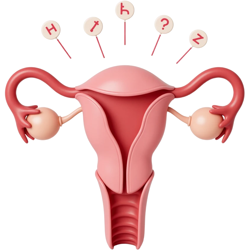 realistic illustration of polycystic ovaries with lines connecting to hormone symbols, explanatory emoji
