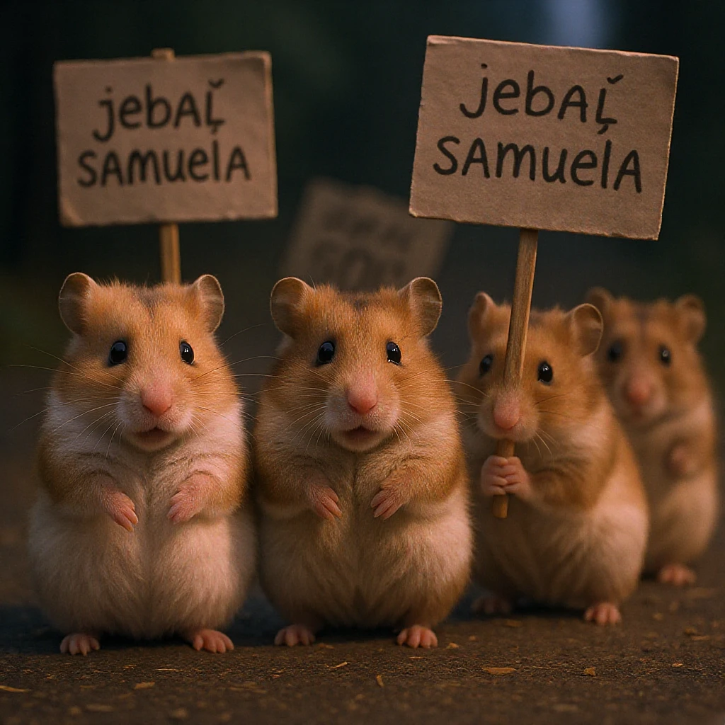 Cinematic shot of a group of hamsters takes over polish sejm. some of them has signs with "jebać samuela skurwysyna". emoji