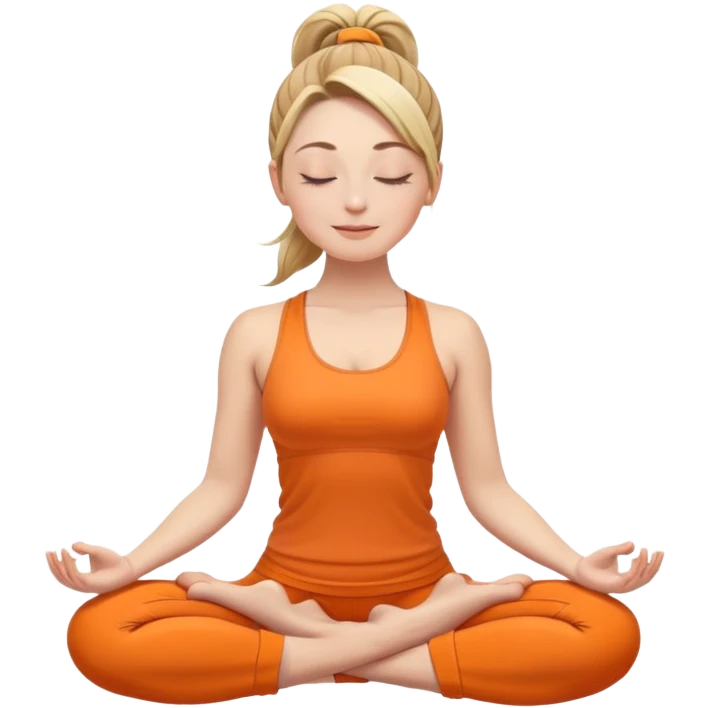 white woman with ponytail hairstyle in lotus position meditation yoga pose, closed eyes with a gentle smile, wearing orange yoga outfit emoji