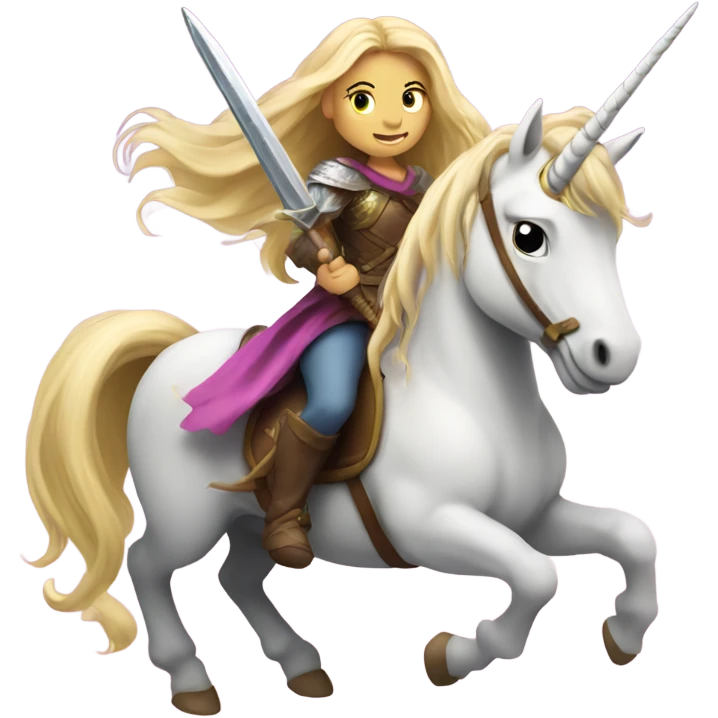 Blonde girl with long hair riding a unicorn and holding a sword  emoji