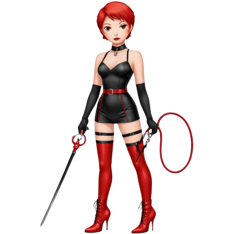 mistress, dominant girl, short red hair, sexy shiny red bdsm clothing, red hold-ups, whip and leash on her hands, choker around her neck, serious look, shiny red high heel boots emoji