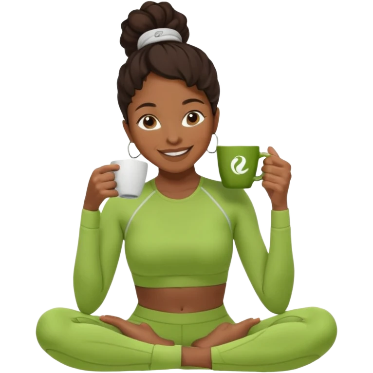 A black woman drinking a coffee dressed in a Lululemon co-ord green fit emoji
