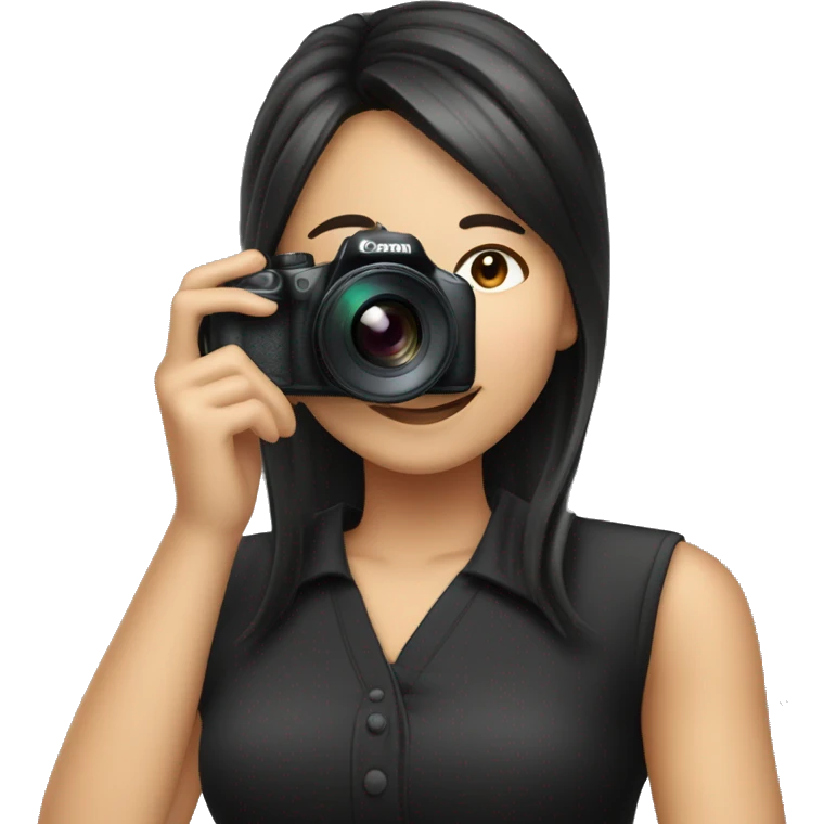 A woman of Asian descent, with bangs and her hair tied back, dressed in black, is taking a photo with a Canon camera with smile face emoji