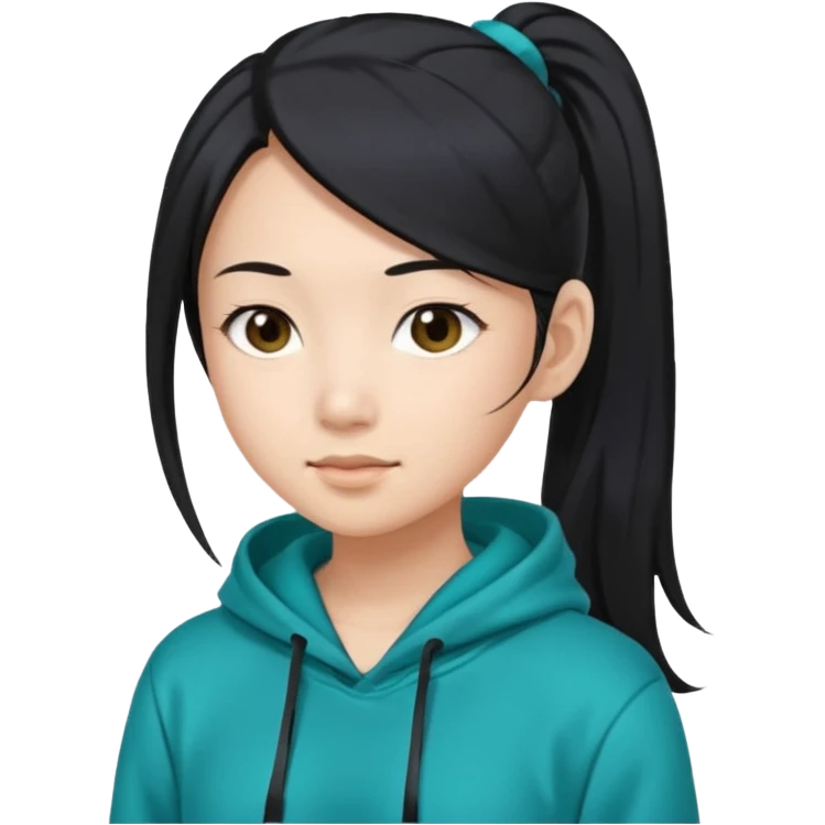 generate an asian female with long black hair in a ponytail and a teal hoodie emoji