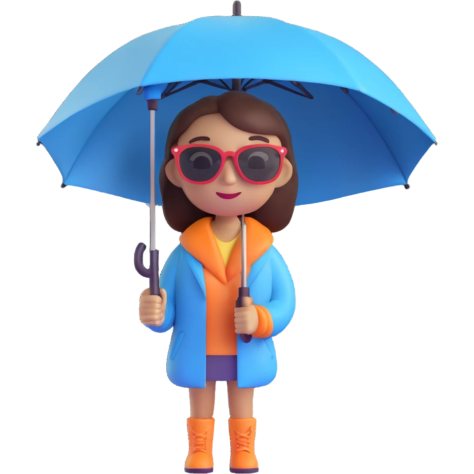 Remove the background, keep only the girl memoji with dark sunglasses holding an umbrella, 3D cartoon style, transparent background. emoji