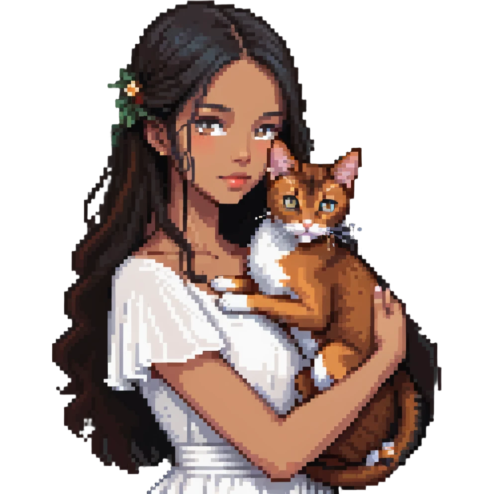 beautiful girl with long black hair wearing a white dress holding an Abyssinian cat with reddish-brown fur in her arms, close-up emoji