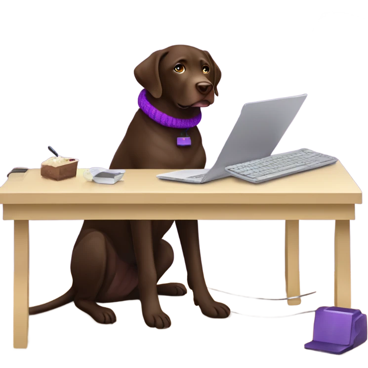 Chocolate lab working on computer with small headset , food on desk, wearing purple sweater  emoji
