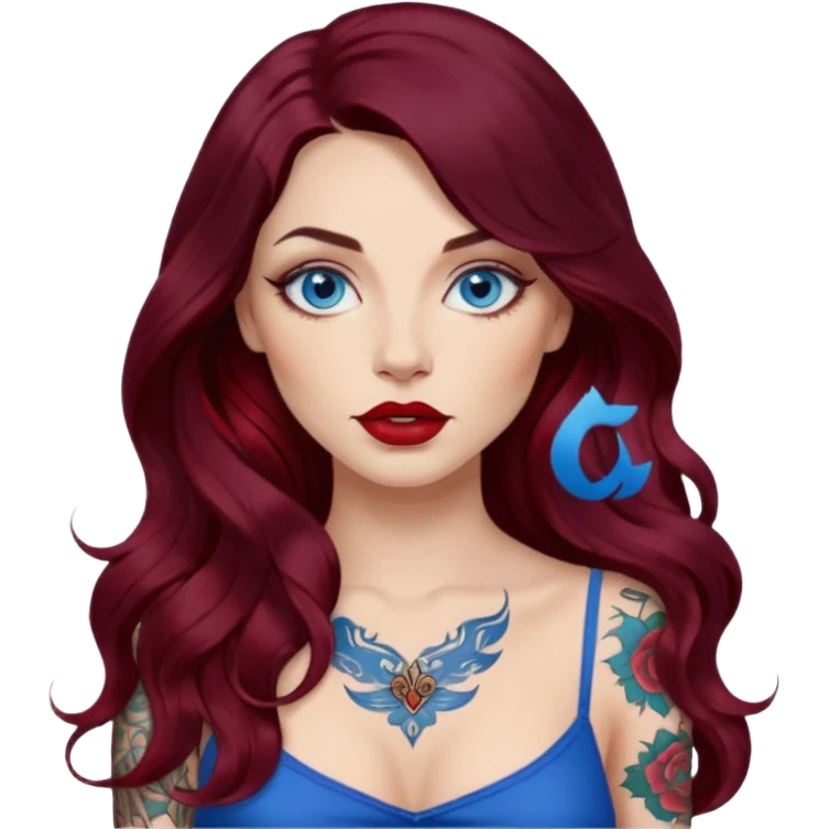  Female long wavy dark burgundy hair, blue eyes, large red lips, tattooed, digital and graphic artist  emoji