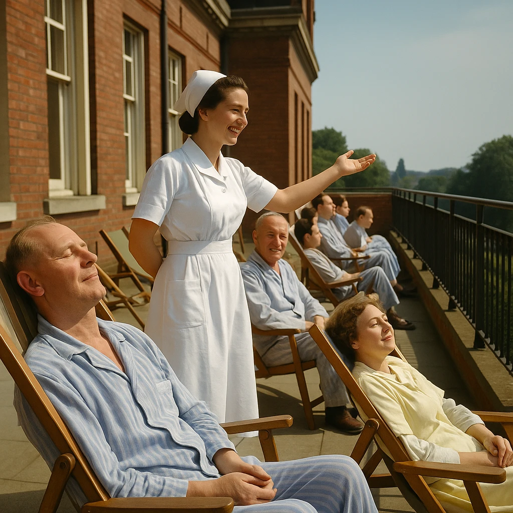 historical hospital terrace in the 1950s with patients in pajamas or gowns sitting on a sunny terrace, some on deck chairs, a smiling nurse encouraging patients to sunbathe, atmosphere of care and hope, realistic details, warm colors, natural light, 4K quality emoji