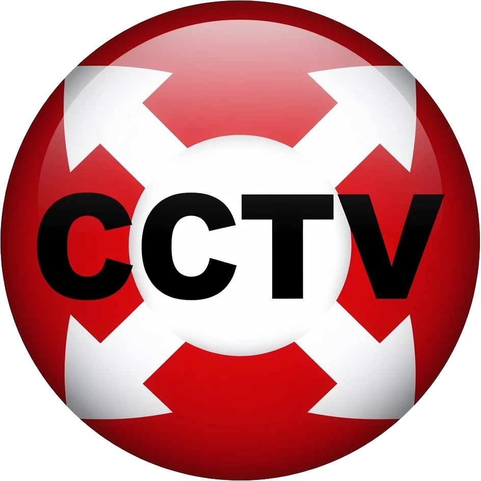 Red filled circle with white X and arrow on all end points on the X white circle in the middle. Biggest possible CCTV word across centre in black emoji
