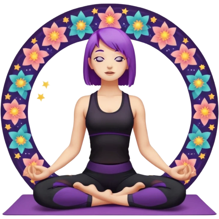 A young woman with purple hair doing yoga in the camel pose (Ustrasana), wearing a black sports outfit, minimalistic background with mandala pattern and colorful stars, soft lighting, peaceful atmosphere, digital illustration style. emoji