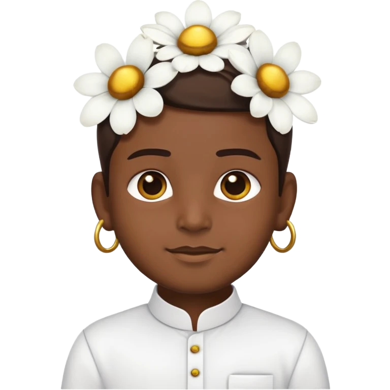 Samsung-style emoji cartoon of a Tamil boy in traditional festival attire: white veshti, shirt, gold-bordered angavastram, flower behind ear emoji