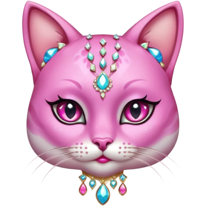 glamorous cat portrait, head and shoulders only, exaggerated pink makeup, bright eyeshadow, long eyelashes, shiny blush cheeks, sparkling face gems, glitter accents, elegant earrings, fantasy beauty style, cute 3D cartoon, mobile game icon style, clean background, no text, no watermark
 emoji
