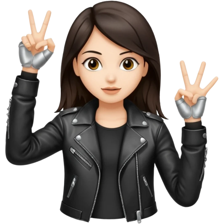 Fair skin long dark brown hair wearing a leather metal jacket girl doing the Rock n roll sign holding a large blank sign emoji