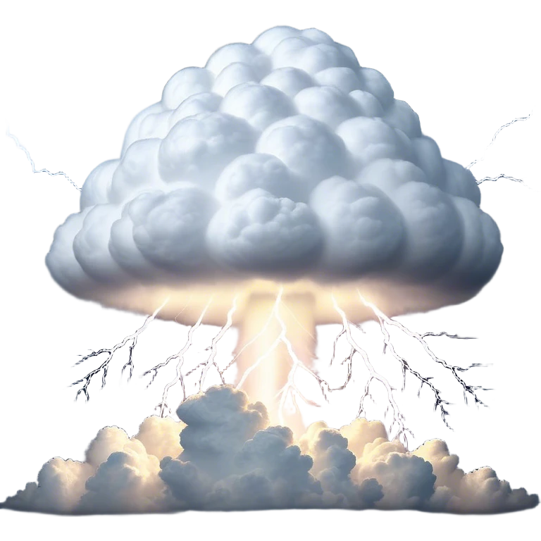 Cinematic Realistic Cumulonimbus Emoji, Towering and imposing, with dark, dramatic clouds reaching up into the sky in a billowing formation. Lightning flickers within, and the atmosphere is charged with energy, signaling a powerful storm ahead. Soft glowing outline, capturing the essence of raw power, intensity, and nature’s fury in a mighty cumulonimbus cloud! emoji