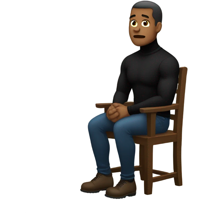 muscle man in black turtleneck shirt and black pants sitting depressed in chair emoji