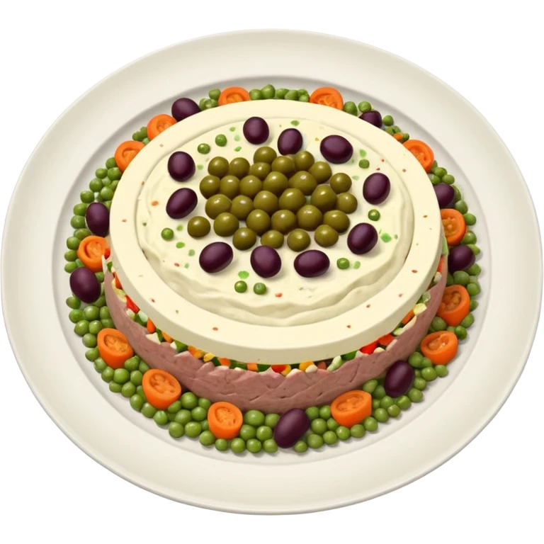Salată de boeuf: a Romanian festive salad made with finely chopped boiled vegetables, pickles, peas, and beef or chicken, all mixed with mayonnaise and decorated with olives and pickles. emoji