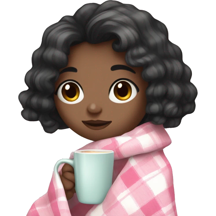A cute black hair girl wrapped in pastel pink plaid blanket drinking coffee emoji