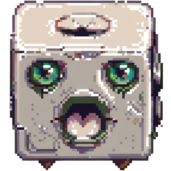cube with expressive eyes and mouth, reminiscent of retro video games, bold outlines emoji