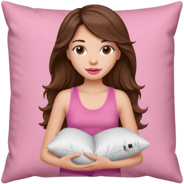 girl with long wavy brown hair brown eyes eyelashes lip liner lip gloss pink tank top holding pillow portrair size emoji