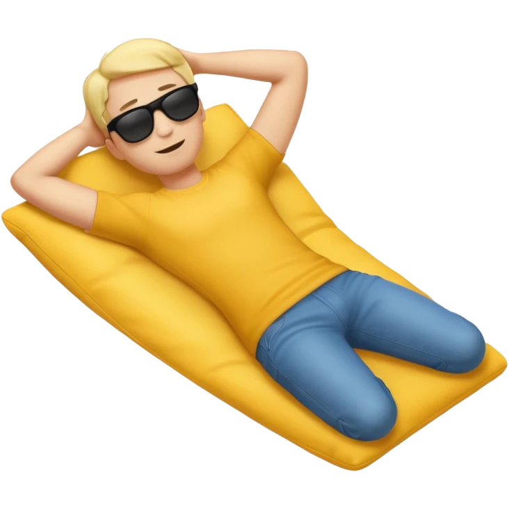 A full-body emoji man, with classic yellow skin tone, lying down or leaning back in a relaxed pose. He is wearing sunglasses and has both arms behind his head. The style should match standard emoji designs (like Apple emoji