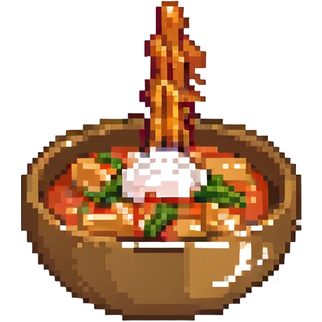 tteokbokki, spicy Korean rice cakes, pixel art, small bowl, steam, cute emoji