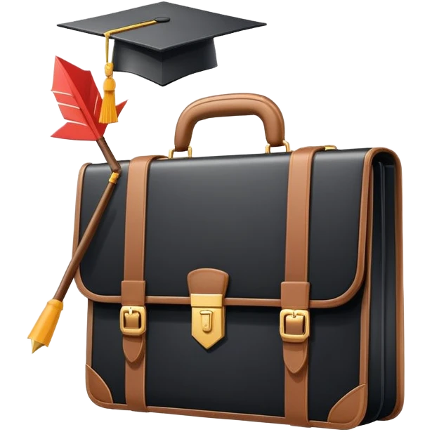 A flat-style illustration of a briefcase, a rising arrow, and a graduation cap, arranged together to symbolize professional growth. Clean, minimal, cartoon style, white background, iOS emoji aesthetic. emoji