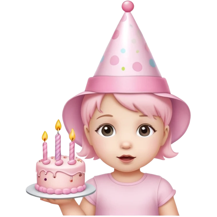 cute baby girl with pastel pink birthday hat and pink birthday cake emoji