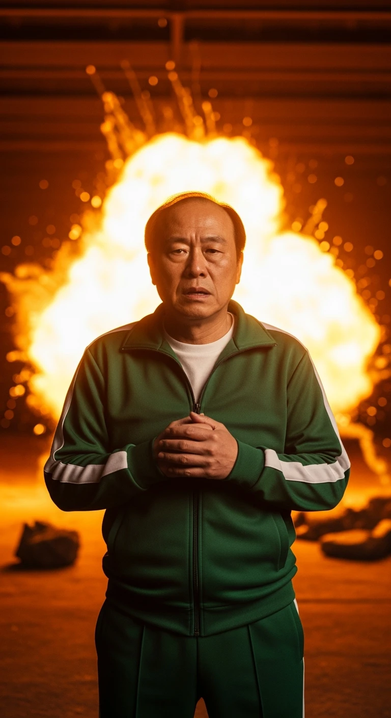 Cinematic still from "squid game" character movie, explosion in background emoji