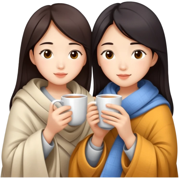 Asian girls in comfy clothes and a blanket drinking hot tea emoji
