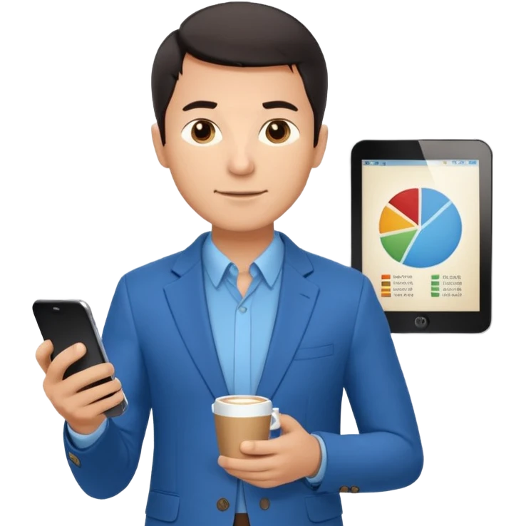 Confident male entrepreneur, short dark hair, slight smile, blue blazer over light blue shirt, holding a smartphone with a chart in one hand and a coffee cup in the other, front-facing, half-body emoji