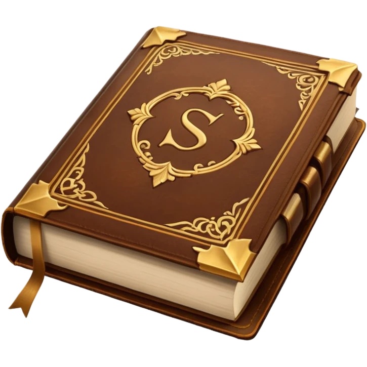 "An open antique leather-bound book with golden edges and calligraphy, detailed embossing, Victorian style, warm brown and gold palette." emoji