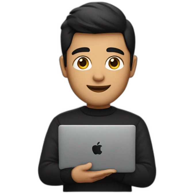 memoji of a man with a laptop in front, apple-style,modern,dark hair,black sweater,computer in hand, srilankan,  emoji
