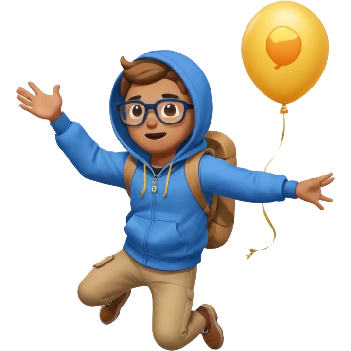 Gus from Brawl Stars, jumping with joy, balloon floating, round glasses, blue hoodie emoji