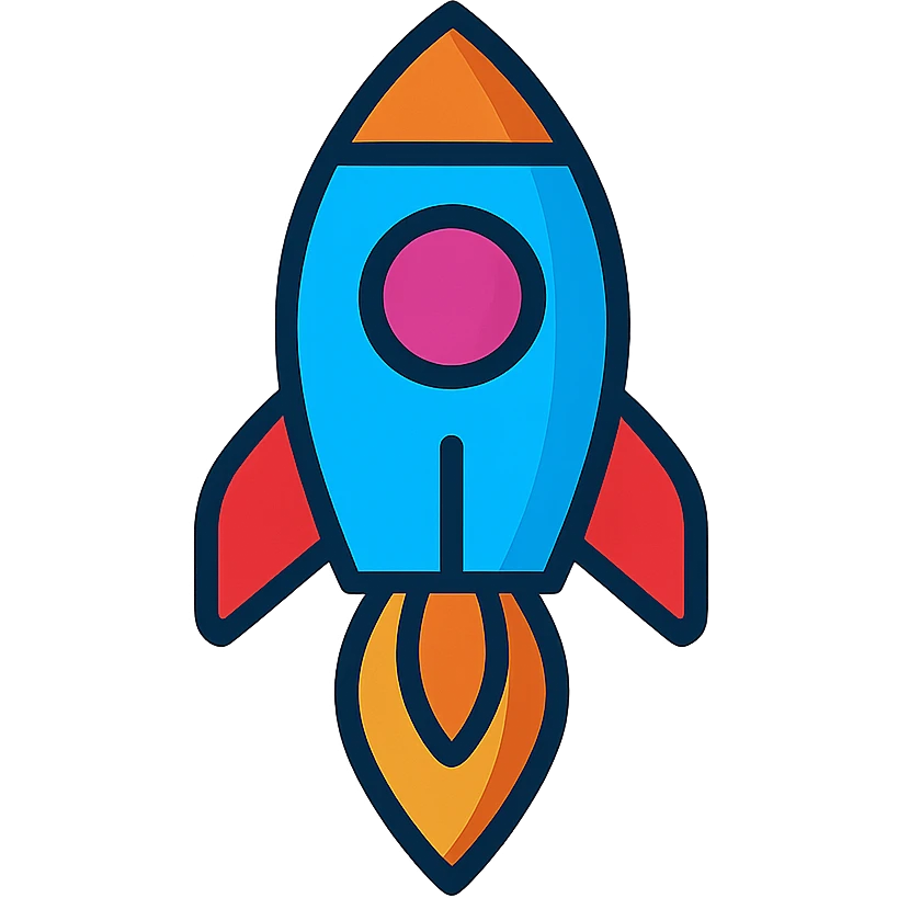 colorful rocket icon with blue body and orange flames, modern color icon style emoji