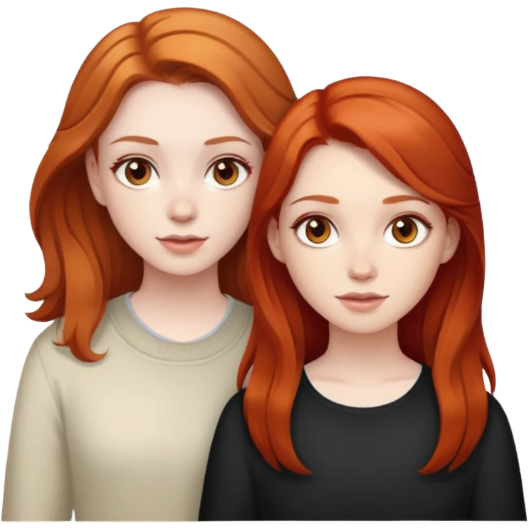 Two girls: One have pale skin, dark brown eyes and ginger hair, other have super light brown skin, brown eyes and red hair emoji